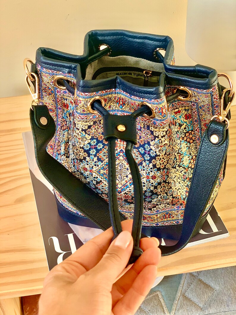Casual Bag Mini Boho Backpack Bucket shoulder bag Small Bucket Style Convertible Backpack Mini Vegan leather Bucket Bag in Navy Color