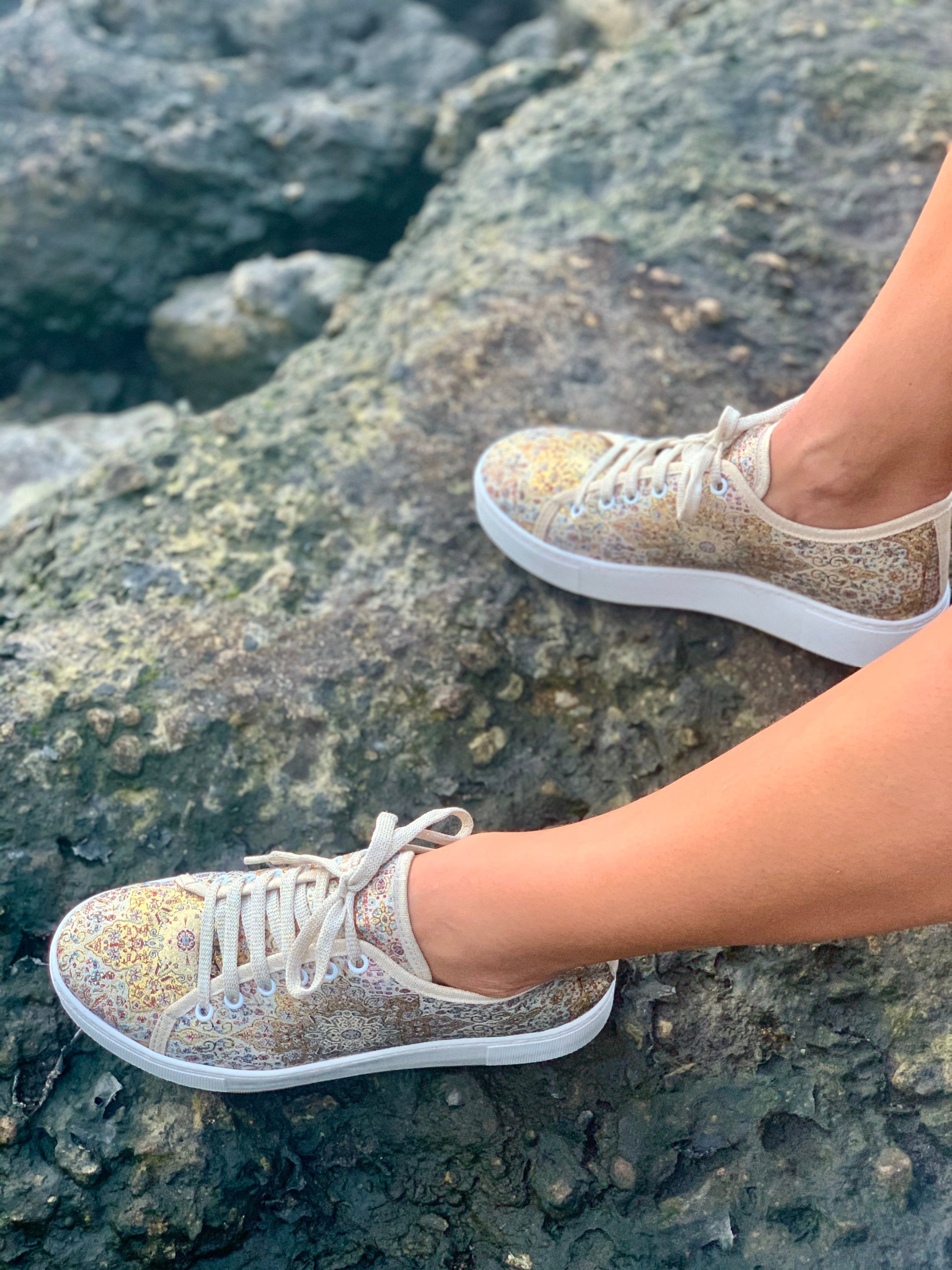 Gold and Beige Lace Up Low Top Sneakers