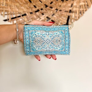 Porte-monnaie de voyage, organiseur de petit sac, mini porte-monnaie bleu fait main, pochette en tissu à fermeture éclair, sac ethnique, pochette en tissu bohème, cadeau collègue,