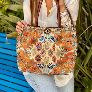 Large Women's Shoulder Bag In Traditional Turkish Fabric ,Tote Bag in woven Carpet,Unique Bag with Pocket, Boho Style Tote bag, Ethnic Bag,