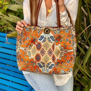 Large Women's Shoulder Bag In Traditional Turkish Fabric ,Tote Bag in woven Carpet,Unique Bag with Pocket, Boho Style Tote bag, Ethnic Bag,