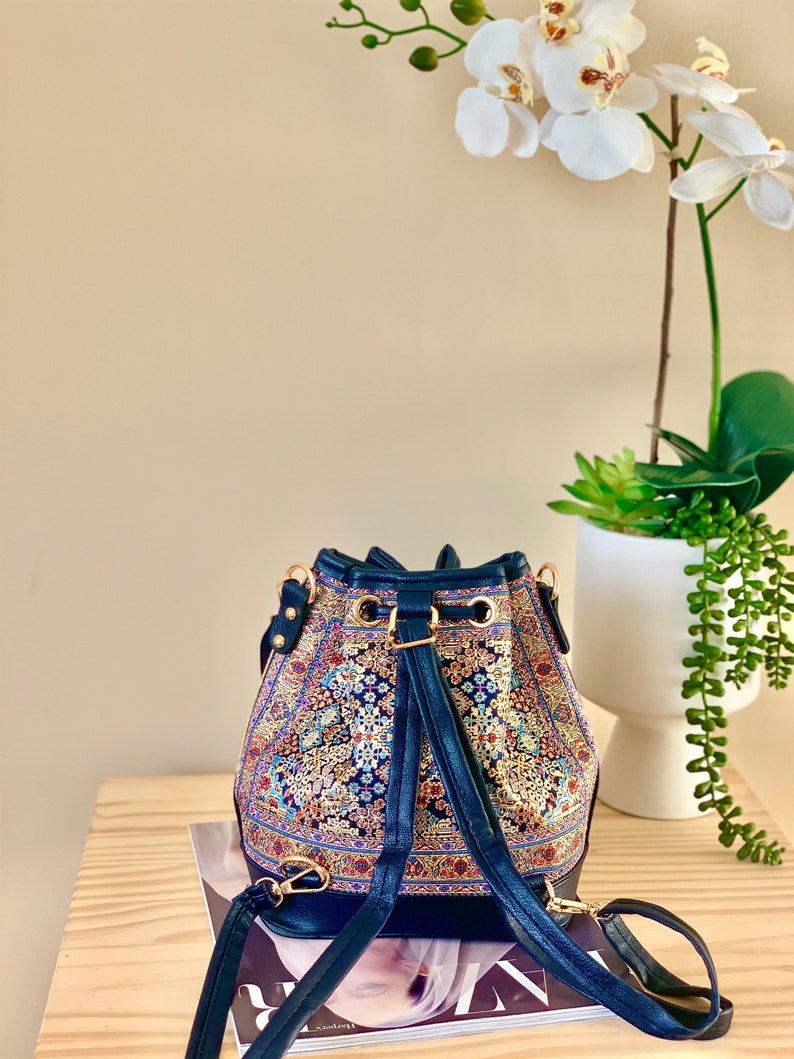 Casual Bag Mini Boho Backpack Bucket shoulder bag Small Bucket Style Convertible Backpack Mini Vegan leather Bucket Bag in Navy Color