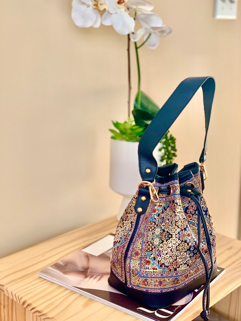 Casual Bag Mini Boho Backpack Bucket shoulder bag Small Bucket Style Convertible Backpack Mini Vegan leather Bucket Bag in Navy Color