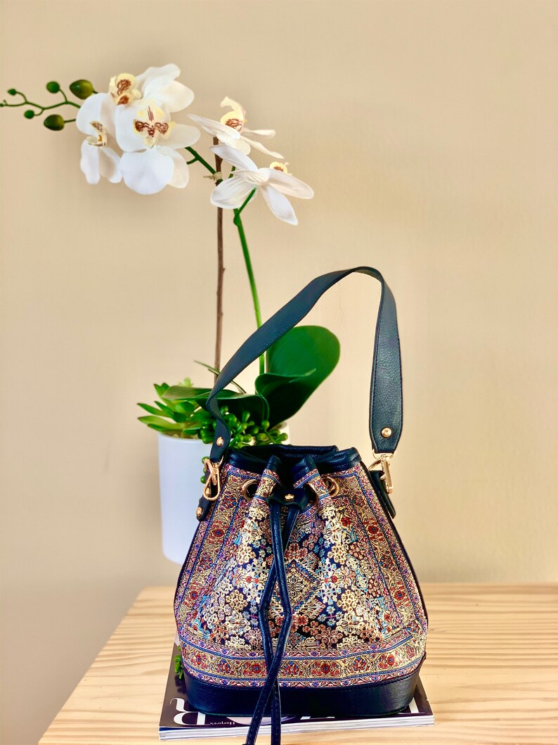 Casual Bag Mini Boho Backpack Bucket shoulder bag Small Bucket Style Convertible Backpack Mini Vegan leather Bucket Bag in Navy Color