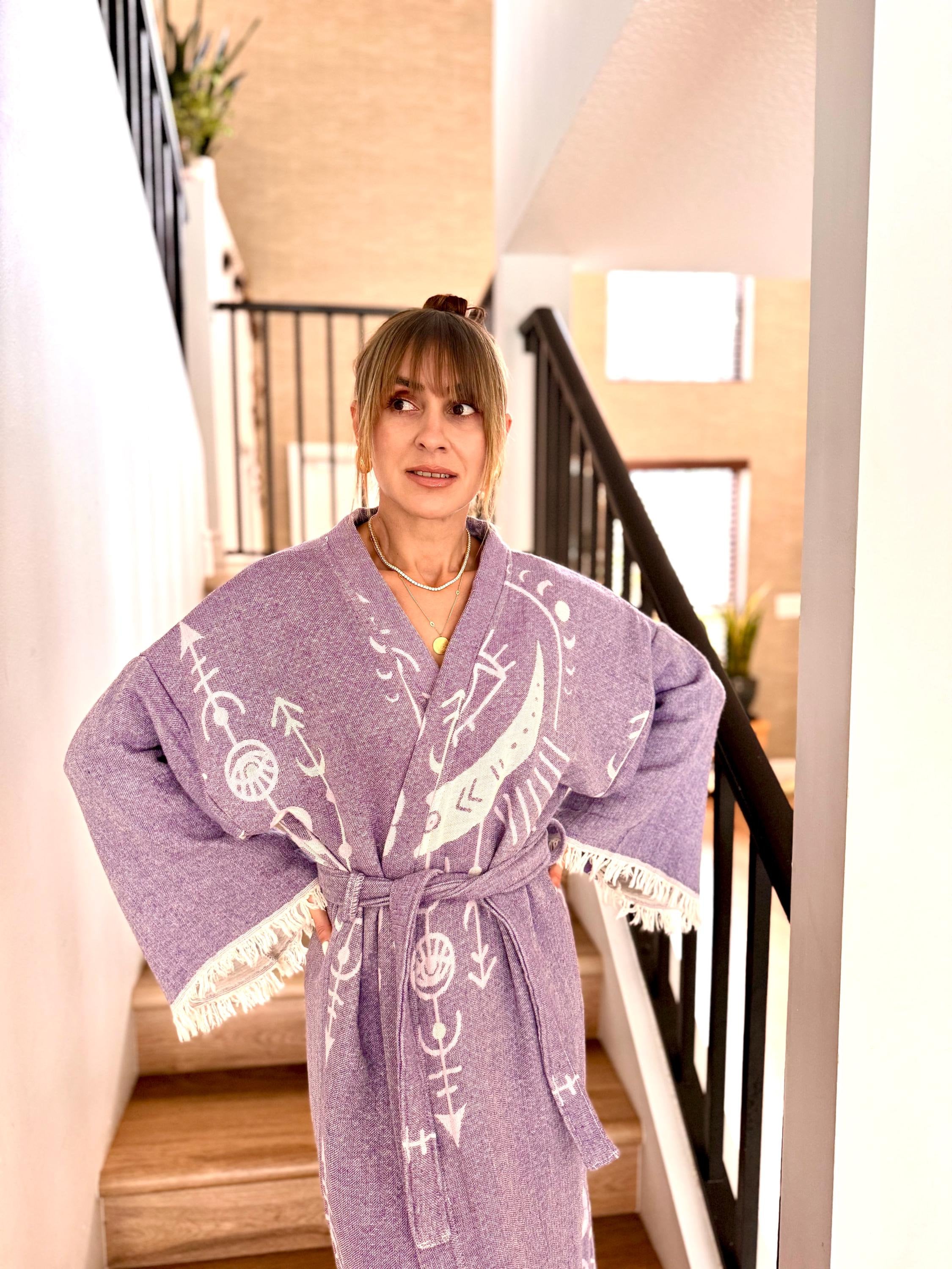 Long Hand-Woven Cotton Robe in Boho Eye,Cozy Blanket Robe,Fancy Tie-Belt Robe, Dream Catcher style Kimono in Purple,Unique Robe,Gift for her