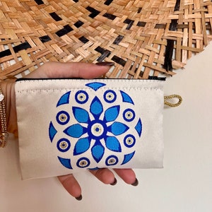 Turkish Woven Fabric Coin Pouch, Small Zipper Bag, Card holder, Christmas gift White and Blue