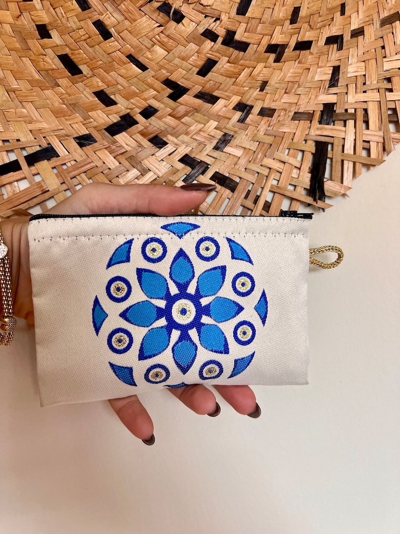 Turkish Woven Fabric Coin Pouch, Small Zipper Bag, Card holder, Christmas gift White and Blue