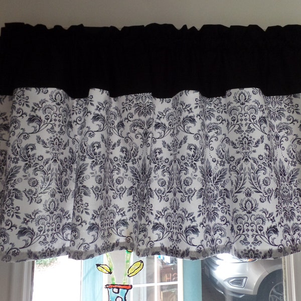 Black Trim Header On Black & Gray Damask On White, Floral, Handmade, Bedroom, Frontroom Window Topper Valance,  42" W x 18" L, New