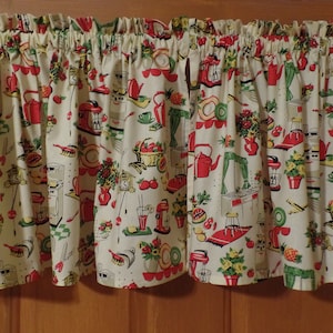 Retro 1950&#39;s Kitchen, Handmade Window Topper Valance, Appliances, Red Mixer, Avocado Green, Yellow, Red,  Cotton Fabric, 42&quot; W x 16&quot; L, New