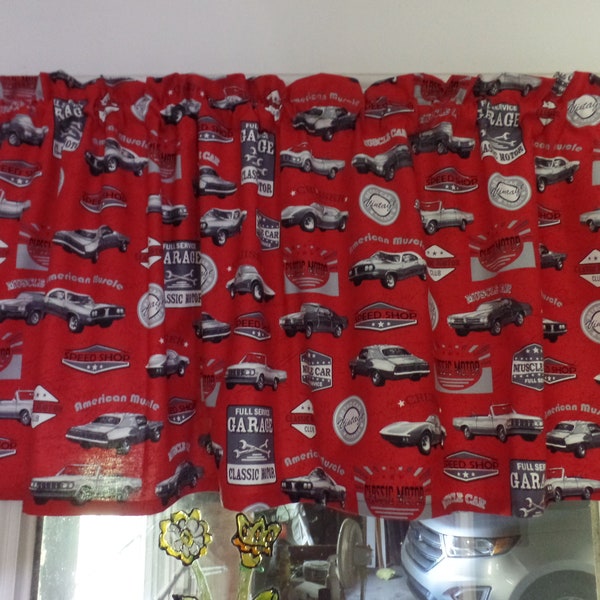 Vintage, Retro Red, MUSCLE CARS,  Handmade Window Topper Valance, Full Service Garage Signs, Speed Shop Cotton Fabric, 42" W x 16" L, New