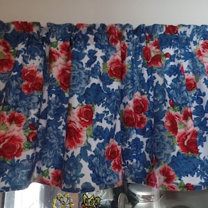 Heritage Blue Floral, Pioneer Woman, Farmhouse, Handmade Window Topper Valance, 100% Cotton Fabric, Blue, Red, 42&quot; W x 16&quot; L