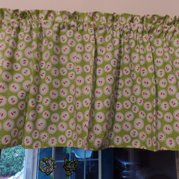 FANCY WHITE DOILIES, Lime Green, Red Cherries, Handmade Window Topper Valance, Cotton Fabric, 42" W x 16" L