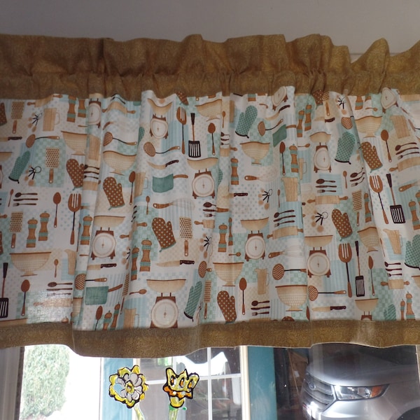 Handmade Kitchen Window Valance, Aqua And Brown Cooking Utensils, Cotton Fabric, Brown Trimming, 42" W x 16" L