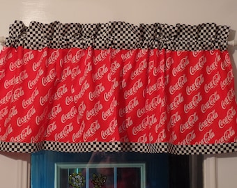 Retro 1950's Black And White Checked Header And Bottom Trim, Red COCA-COLA SCRIPT, Handmade Window Topper Valances, Cotton Fabric, 42" x 16"