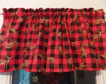 Handmade Buffalo Check Window Valance: Red & Black Deer Print