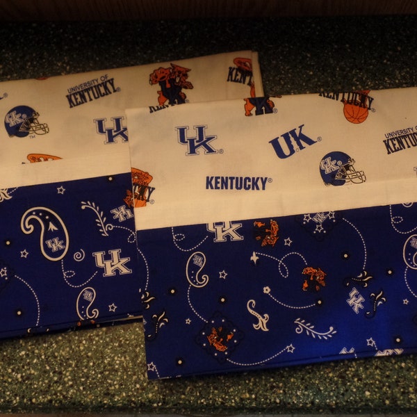 NCAA University Of Kentucky, UK Sports Team, Handmade Pair Of Pillowcases, Standard Size, 20" x 30", 100% Cotton Fabric, Blue and White