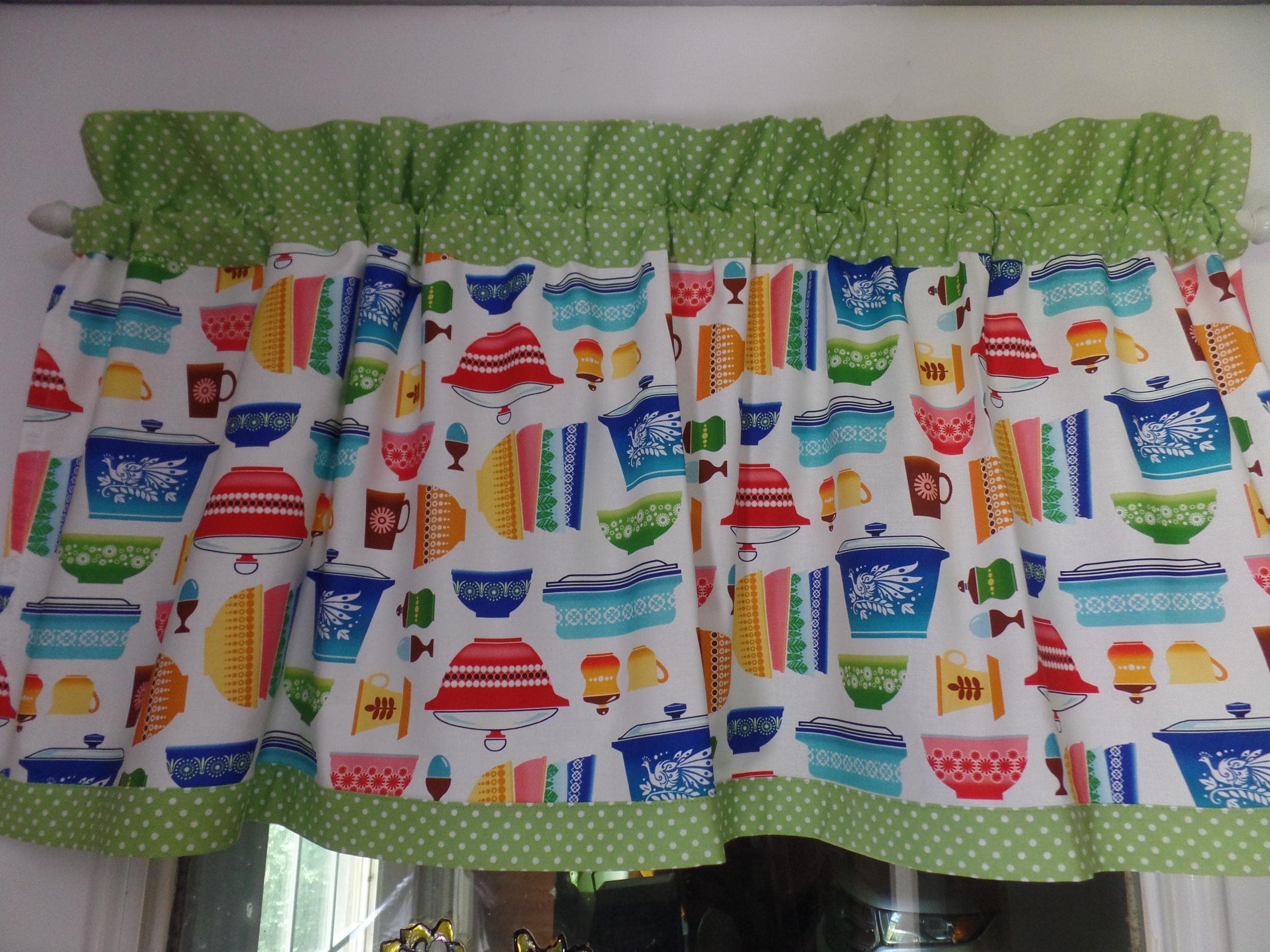 Pyrex Window Vintage Pyrex Bowls Print Window Valance, Handmade Cotton Fabric (42