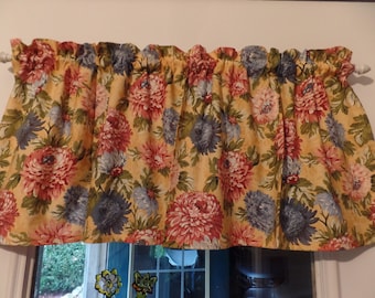 Handmade Floral Cotton Window Valance, Mauve, Blue, Pink Mums, 42" W