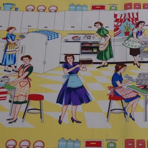 Michael Miller Home Ec Fabric, Retro Women Working In Kitchen, 100% Cotton, Selling By The Yard, CX-0939