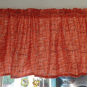 Retro 1950&#39;s Handmade Window Topper Valance, CORAL, Swizzle Sticks, Cotton Fabric 43&quot; W x 16&quot; L