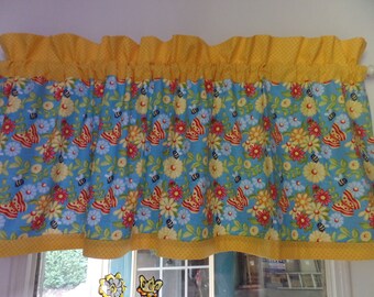Handmade Kitchen Window Valance: Blue Cotton Bumble Bee, Ladybug, Daisy Floral