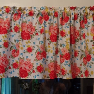 Romantic Sweet RoseFloral, Pioneer Woman, Farmhouse, Handmade Window Topper Valance, 100% Cotton Fabric, White, Red, Pink 42&quot; W x 16&quot; L