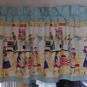 Retro 1950s HOME EC Handmade Window Kitchen Valance, Women With Aprons Working In Kitchen, Cotton Fabric, Aqua Check Trimming 42" W x 16" L