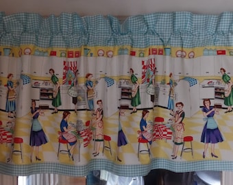 Retro 1950s Kitchen Valance, Home Ec Print, Aqua Trim, Handmade