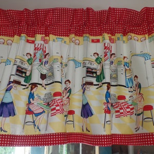 Retro 1950's HOME EC Handmade Kitchen Window Valance, Women With Aprons Working In Kitchen, Cotton Fabric, Red Check Trimming, 42" W x 16" L