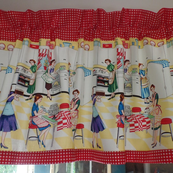 Retro 1950s Home Ec Kitchen Valance, Red Check Trim (42" W x 16" L)