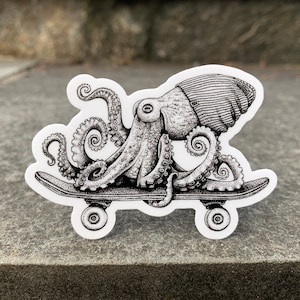 Octopus Skateboarding Vinyl Sticker, Pen and Ink Illustration, Funny Animal and Nature Art, Black and White