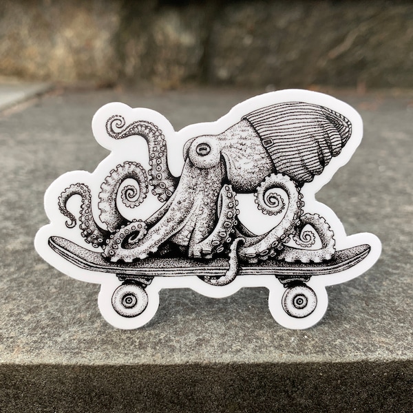 Octopus Skateboarding Vinyl Sticker, Pen and Ink Illustration, Funny Animal and Nature Art, Black and White