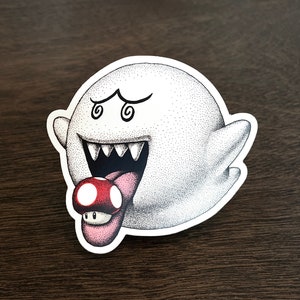 Boo Ghost Vinyl Sticker, Pen and Ink Illustration, Funny Video Game Art, Trippy