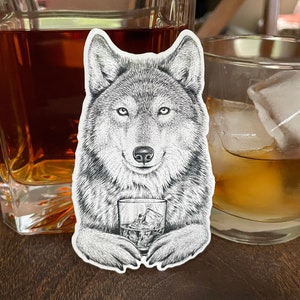 Whiskey Wolf Vinyl Sticker, Pen and Ink Illustration, Funny Animal and Nature Art, Distillery, Bar