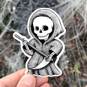 Grim Reaper Death Metal Vinyl Sticker, Pen and Ink Illustration, Black and White Skull Art, Rock Music