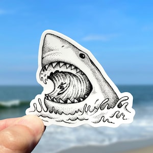 Great White Shark Wave Vinyl Sticker, Pen and Ink Illustration, Funny Animal Art, Surf Art