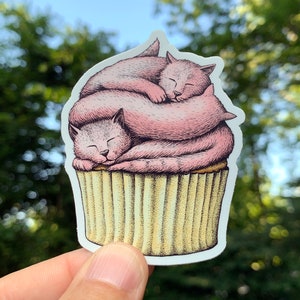 Cat Cupcake Vinyl Sticker, Pen and Ink Illustration, Funny Animal and Nature Art