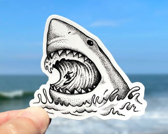 Great White Shark Wave Vinyl Sticker, Pen and Ink Illustration, Funny Animal Art, Surf Art