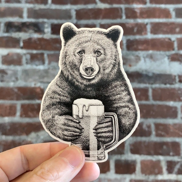Bear Beer Vinyl Sticker, Pen and Ink Illustration, Funny Animal and Nature Art, Brewery