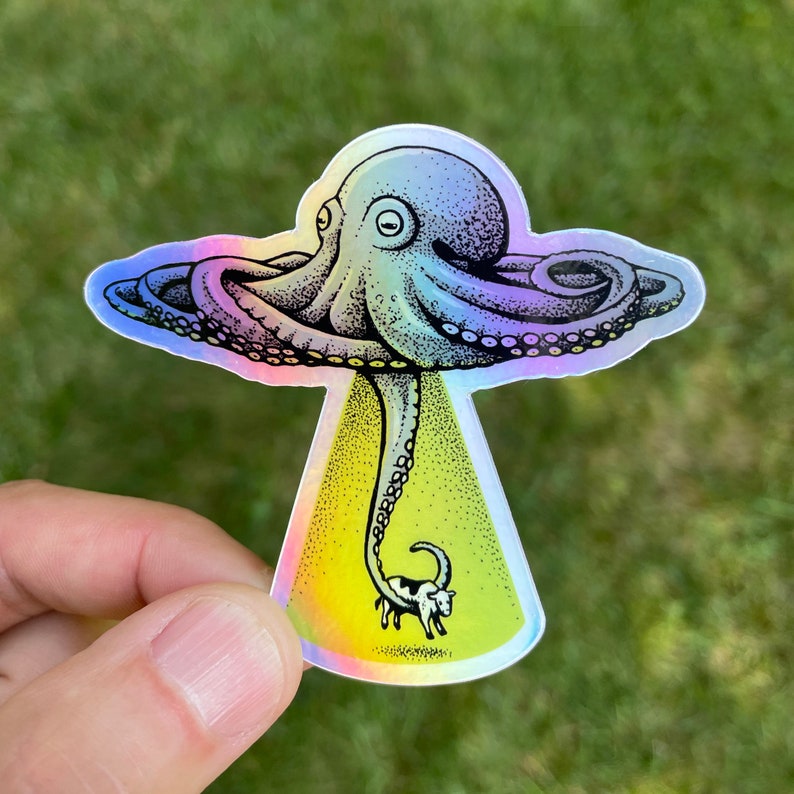Octopus UFO Hologram Vinyl Sticker, Pen and Ink Illustration, Funny Animal and Nature Art, Alien image 2