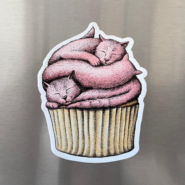 Cat Cupcake Magnet, Pen and Ink Illustration, Funny Animal and Nature Art