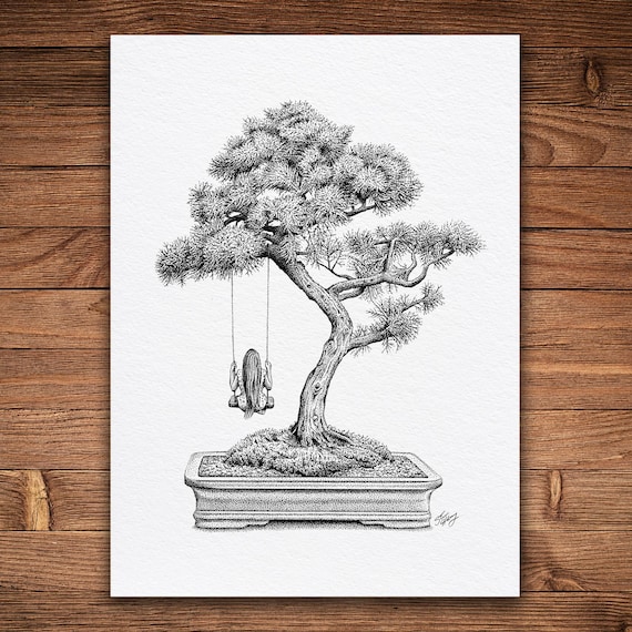 鉛筆手書き絵画盆栽の枝 盆栽少女のアートプリント、白黒の壁アート - Etsy 日本