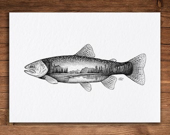 Lake Trout, Pen and Ink Print, Fishing and Nature Art, Black and White Vintage, Flyfishing Wall Art