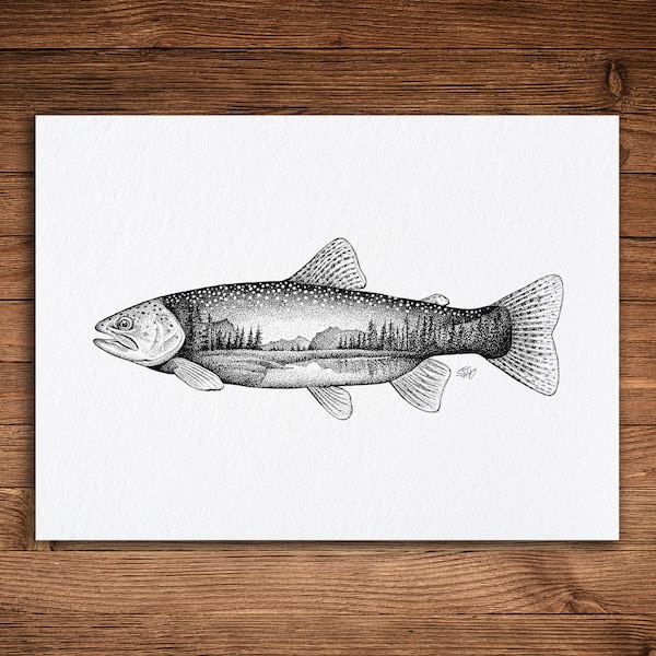 Lake Trout, Pen and Ink Print, Fishing and Nature Art, Black and White Vintage, Flyfishing Wall Art