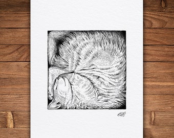 Cat Sleeping, Pen and Ink Print, 5 x 7, Whimsical Nature Art, Black and White Vintage, Pet Art, Cat Bed