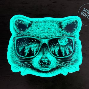 Glow in Dark Raccoon Sunglasses Vinyl Sticker, SPECIAL EDITION, Pen and Ink Illustration, Funny Animal and Nature Art, Moon