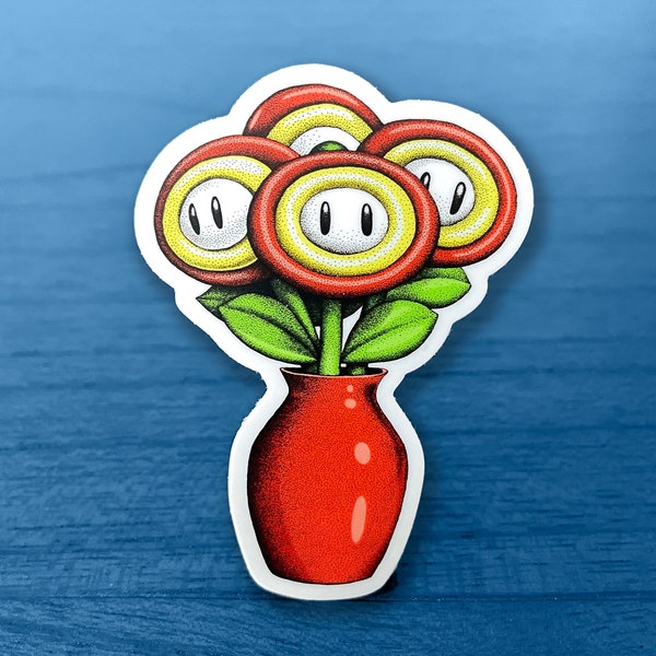 Video Game Flowers Vinyl Sticker, Pen and Ink Illustration, Fan Art, 1980s