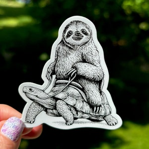 Sloth Riding a Turtle Vinyl Sticker, Pen and Ink Illustration, Funny Animal Art, Cute Cartoon, Slow and Steady Decal