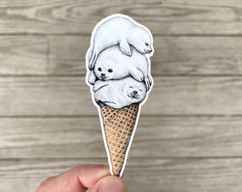 Seal Ice Cream Vinyl Sticker, Pen and Ink Illustration, Funny Animal and Nature Art