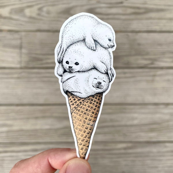 Seal Ice Cream Vinyl Sticker, Illustration à la plume et à l’encre, Drôle d’animal et d’art de la nature